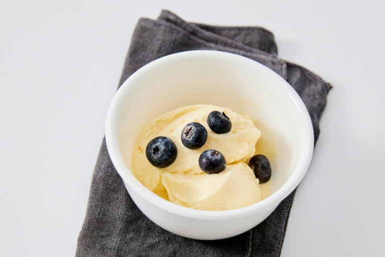 a bowl of frozen yogurt with blueberries