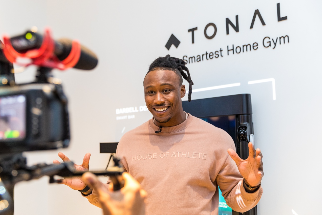 Brandon Marshall speaking to camera at the Tonal 5th Avenue Showroom